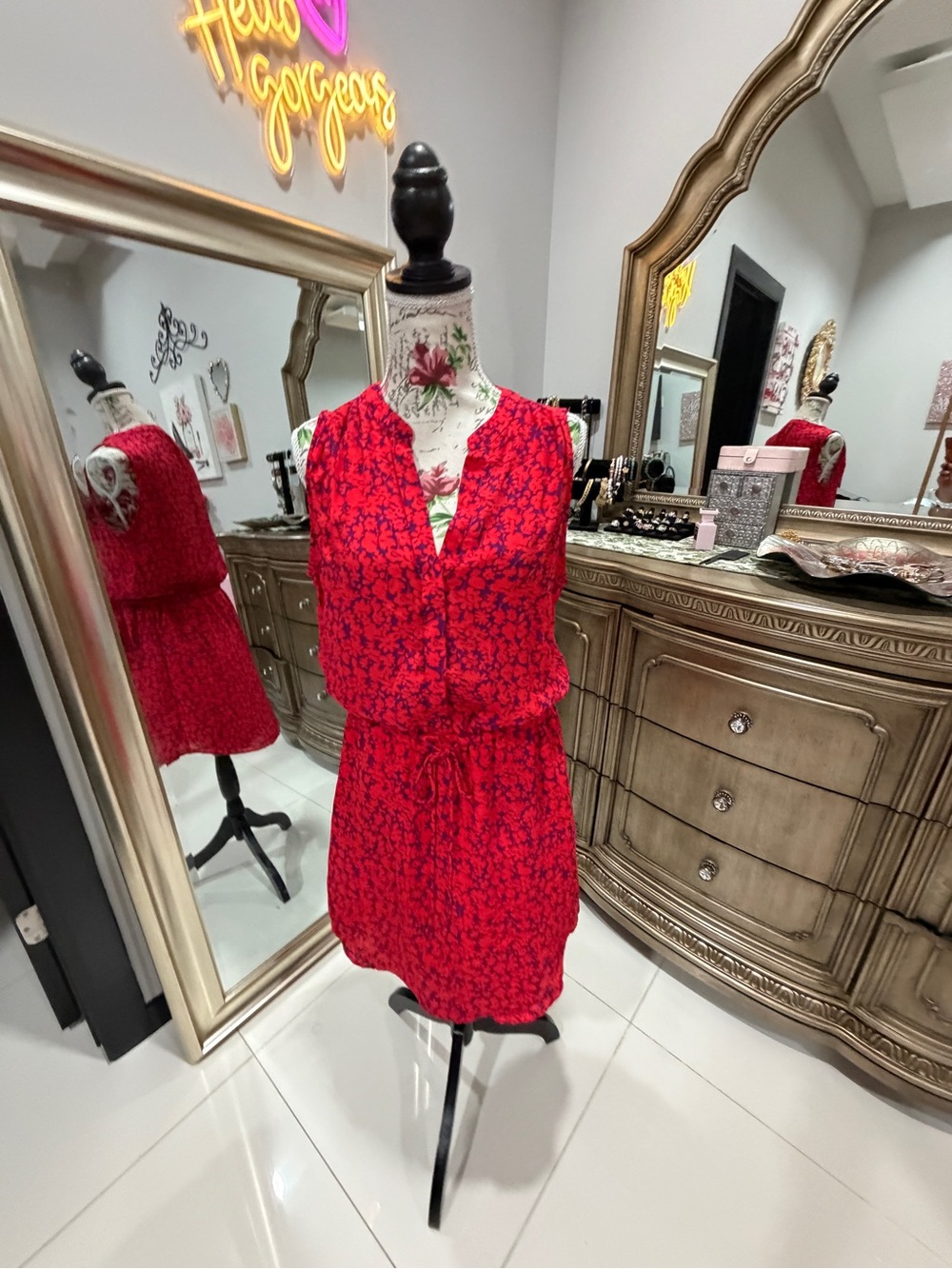 GAP Red Sleeveless Floral Drawstring Dress